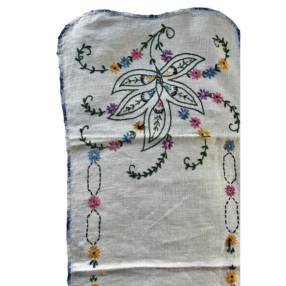 Vintage Hand-Embroidered Floral Table Runner Blue Crocheted Lace Edge 32"x16" - Picture 3 of 9